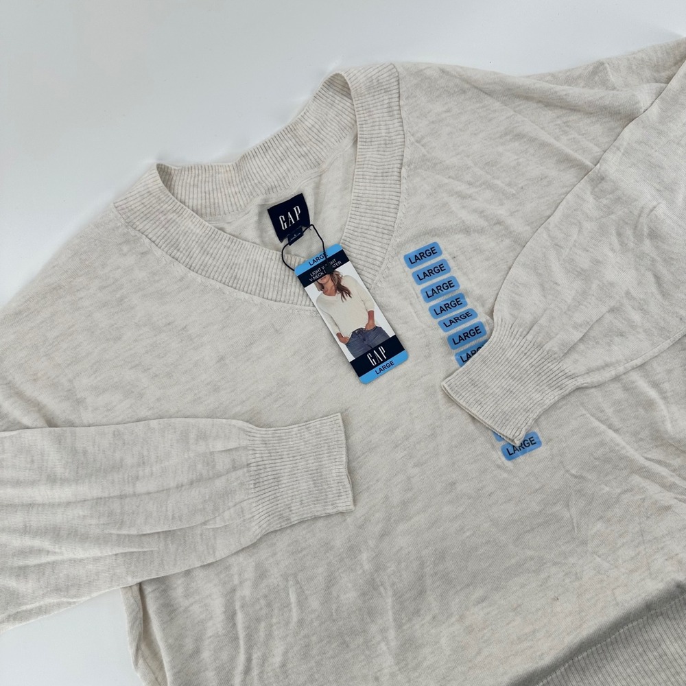 GAP Lightweight V-Neck Sweater Oatmeal Heather Cotton Modal Large NWT